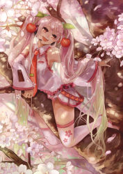 Rule 34 | 1girl, armpits, bare shoulders, cherry, cherry blossoms, detached sleeves, food, fruit, hatsune miku, highres, in tree, leg hold, long hair, lying, name connection, object namesake, on stomach, open mouth, outdoors, pink eyes, pink hair, pink skirt, pink theme, pink thighhighs, pisuke, revision, sakura miku, skirt, sleeveless, smile, solo, straddling, thighhighs, tree, twintails, very long hair, vocaloid, wide sleeves, zettai ryouiki