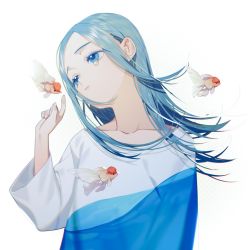 Rule 34 | 1girl, blue eyes, blue hair, collarbone, fish, goldfish, hand up, harrymiao, highres, index finger raised, long hair, long sleeves, original, parted lips, print shirt, shirt, simple background, solo, surreal, tears, upper body, white background