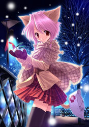 Rule 34 | 1girl, animal ears, bare tree, black thighhighs, cat ears, cat tail, fence, hat, lamp, night, pink hair, red eyes, ribbon, road, skirt, snowing, solo, street, tail, thighhighs, tree, ueda ryo, ueda ryou