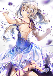 Rule 34 | 1girl, absurdres, backless dress, backless outfit, barefoot, blue dress, blue eyes, blue flower, blurry, blush, braid, breasts, brown hair, crown braid, depth of field, detached sleeves, dress, dsmile, floating hair, flower, from side, hair between eyes, has bad revision, has downscaled revision, highres, leg lift, leg ribbon, long hair, looking at viewer, looking back, md5 mismatch, original, parted lips, resolution mismatch, ribbon, sidelocks, small breasts, soles, solo, source smaller, toes