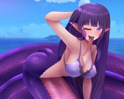Rule 34 | 1girl, bikini, blush, breasts, cleavage, forked tongue, genshin impact, happy, lamia, large breasts, long hair, looking at viewer, monster girl, monsterification, open mouth, pointy ears, purple bikini, purple eyes, purple hair, raiden shogun, scales, smile, solo, swimsuit, tongue, tongue out, very long hair, zephylyne
