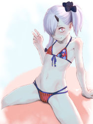 Rule 34 | 1girl, american flag bikini, bare arms, bare shoulders, bikini, black bikini, black bow, blush, bow, fate/grand order, fate (series), flag print, flat chest, hair between eyes, hair bow, highres, lavinia whateley (fate), long hair, looking at viewer, miyamoto musashi (swimsuit berserker) (second ascension) (fate), navel, pale skin, polka dot, polka dot bow, purple eyes, rico (maikubakaa), silver hair, sitting, smile, solo, spread legs, sweat, swimsuit, wide-eyed