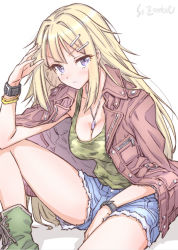 Rule 34 | 1girl, aged up, alternate breast size, alternate costume, alternate hairstyle, armpit peek, artist name, bare arms, between legs, blonde hair, breasts, camouflage, camouflage tank top, cleavage, closed mouth, collarbone, denim, denim shorts, dot nose, elbow on knee, elbow rest, eyelashes, eyes visible through hair, facing viewer, foot out of frame, glint, green footwear, hair between eyes, hair down, hair ornament, hair tie, hairclip, hand between legs, hand up, jacket, jacket on shoulders, jewelry, knee up, large breasts, long eyelashes, long hair, looking to the side, magia record: mahou shoujo madoka magica gaiden, mahou shoujo madoka magica, medium breasts, mitsuki felicia, necklace, open clothes, open jacket, purple eyes, red jacket, ringed eyes, serious, shadow, shoes, short shorts, shorts, simple background, sitting, sneakers, solo, spiked hair, studiozombie, tank top, thick thighs, thighs, tsurime, v-shaped eyebrows, watch, white background, wristwatch