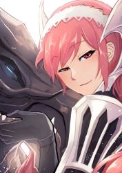 Rule 34 | 1girl, black gloves, cherche (fire emblem), dragon, fire emblem, fire emblem awakening, from side, gloves, highres, long hair, looking to the side, maid headdress, minerva (fire emblem awakening), nakabayashi zun, nintendo, parted lips, red eyes, red hair, simple background, white background, wyvern
