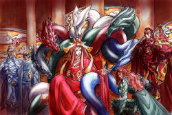 Rule 34 | armor, beard, breasts, cape, cathak cainan, chocozell, cleavage, dragon, dragonblooded, dress, exalted, exalted rpg, facial hair, formal, hair ornament, headdress, jade (exalted), jewelry, kneeling, long hair, long sleeves, official art, pillar, red dress, red hair, robe, roseblack, scarlet empress, sidereal, spikes, staff, tabletop rpg, tepet arada, tepet ejava, throne, weapon
