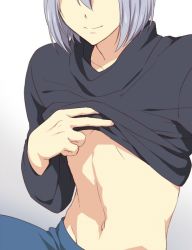 Rule 34 | 10s, 1boy, clothes lift, free!, grey hair, head out of frame, high speed!, male focus, midriff, mo (nmnme), navel, serizawa nao, shirt lift, short hair, smile, solo