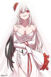 Rule 34 | 1girl, bidortw, black hair, bouquet, breasts, bridal veil, chinese commentary, cleavage, commentary request, contrapposto, dress, earendel (jishenkong jihua), elbow gloves, flower, gloves, gradient hair, hair flower, hair ornament, hair over one eye, highres, holding, holding bouquet, jishenkong jihua, large breasts, long hair, multicolored hair, red eyes, smile, solo, strapless, strapless dress, twitter username, veil, very long hair, virtual youtuber, wedding dress, white dress, white gloves, white hair