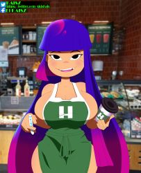 Rule 34 | 1girl, absurdres, alternate breast size, apron, artist name, black eyes, blue hair, blunt bangs, blush, breasts, cleavage, collarbone, cup, glitch techs, gradient hair, green apron, highres, holding, holding cup, iced latte with breast milk (meme), large breasts, long hair, looking at viewer, marker, meme, miko kubota, multicolored hair, naked apron, no bra, open mouth, purple hair, sideboob, smile, starbucks, thighs