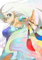 Rule 34 | 1girl, aqua eyes, armpits, art brush, between fingers, blue eyes, breasts, character request, choker, colorful, dress, earrings, highres, holding, jewelry, jonasan, long hair, medium breasts, original, outstretched hand, paintbrush, pepe (jonasan), simple background, smile, solo, strapless, very long hair, white hair