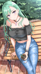 Rule 34 | 1girl, absurdres, bare shoulders, bead necklace, beads, bench, black choker, black nails, black shirt, blue pants, blush, breasts, choker, cleavage, coffee, coffee cup, collarbone, commentary, crop top, cup, denim, disposable cup, drinking straw, earrings, green hair, head tilt, highres, jeans, jewelry, large breasts, long hair, looking at viewer, midriff, mole, mole on breast, nail polish, navel, necklace, off-shoulder shirt, off shoulder, on bench, outdoors, pants, park bench, puffy short sleeves, puffy sleeves, purple eyes, shirt, short sleeves, sitting, smile, solo, strapless, strapless shirt, swept bangs, torn clothes, torn jeans, torn pants, tree, virtual youtuber, vspo!, wavy hair, yakumo beni, yuro (7 yuro)