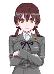 Rule 34 | 1girl, aida yuu, brown hair, crossed arms, gertrud barkhorn, long hair, looking at viewer, military, military uniform, solo, strike witches, twintails, uniform, world witches series, yellow eyes