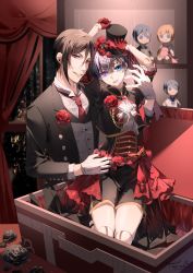 Rule 34 | 2boys, absurdres, bishounen, black flower, black hair, black rose, blue eyes, blue hair, bow, box, butler, buttons, ciel phantomhive, collared shirt, curtains, diffraction spikes, doll, doll joints, dress, evil smile, flower, formal, frilled skirt, frills, gem, gloves, hand up, hat, heterochromia, highres, in box, in container, indoors, jewelry, joints, kuroshitsuji, lace, light particles, long sleeves, looking at viewer, male focus, multiple boys, necktie, open mouth, petals, purple eyes, red bow, red eyes, red flower, red gloves, red hair, red rose, ribbon, rose, sebastian michaelis, shadow, shirt, short hair, shorts, sidelocks, sitting, skirt, sleeve cuffs, slit pupils, smile, sparkle, string, tassel, top hat, toritoki, trap, upper body, victorian, white gloves, white shirt, window