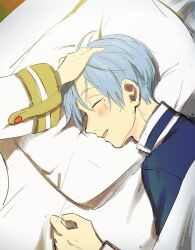 Rule 34 | 1boy, 1girl, blue hair, blue jacket, blush, chamwa, closed eyes, commentary, english commentary, frieren, hand on another&#039;s head, himmel (sousou no frieren), jacket, mole, mole under eye, on bed, parted lips, pillow, short hair, smile, sousou no frieren, sweatdrop, under covers