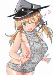 Rule 34 | 10s, 1girl, anchor hair ornament, backless dress, backless outfit, bare shoulders, blonde hair, blush, breasts, chan (akuty ikkot), clothes pull, collarbone, cowboy shot, dress, eyes visible through hair, green eyes, hair ornament, hat, heart, highres, kantai collection, large breasts, long hair, looking at viewer, meme attire, one eye closed, open mouth, peaked cap, prinz eugen (kancolle), shiny skin, sideboob, simple background, solo, sweater, sweater pull, turtleneck, twintails, virgin killer sweater, white background