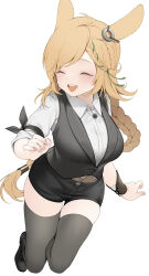 Rule 34 | 1girl, animal ears, arknights, black footwear, black thighhighs, black vest, blonde hair, boots, braid, closed eyes, collared shirt, e draw paint, full body, green ribbon, hair ribbon, highres, kroos (arknights), kroos the keen glint (arknights), long hair, open mouth, rabbit ears, rabbit girl, ribbon, shirt, shorts, simple background, sleeves rolled up, smile, teeth, thighhighs, upper teeth only, vest, white background, white shirt