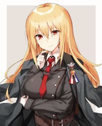 Rule 34 | 1girl, badge, belt, black coat, black shirt, blonde hair, breast hold, breasts, buttons, closed mouth, coat, collared shirt, grey background, hair between eyes, hand up, head tilt, highres, jacket, jacket on shoulders, kinona, long hair, long sleeves, looking at viewer, medium breasts, military, military uniform, open clothes, open coat, original, red eyes, shirt, smile, solo, two-tone background, undershirt, uniform, upper body, v-shaped eyebrows, white background, white shirt, wing collar