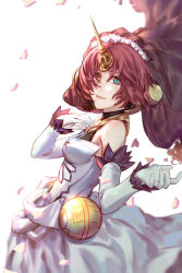 Rule 34 | 1girl, bad id, bad pixiv id, blue eyes, csyday, dress, elbow gloves, fate/apocrypha, fate (series), frankenstein&#039;s monster (fate), gloves, hair over eyes, heterochromia, highres, horns, petals, pink hair, short hair, single horn, solo, veil, white dress, white gloves, yellow eyes