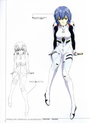 Rule 34 | 1girl, arm support, artist name, ayanami rei, blue hair, bodysuit, bracer, breasts, closed mouth, concept art, copyright name, fukano youichi, full body, glasses, gloves, hair between eyes, hair ornament, headgear, highres, interface headset, light smile, lineart, looking at viewer, monochrome, multiple views, neon genesis evangelion, non-web source, official art, page number, partially colored, pilot suit, plugsuit, red eyes, short hair, simple background, sitting, skin tight, skinny, small breasts, smile, turtleneck, white background