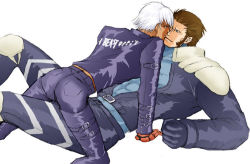 Rule 34 | 2boys, brown hair, k&#039; (kof), male focus, maxima, multiple boys, simple background, snk, the king of fighters, white background, white hair, yaoi