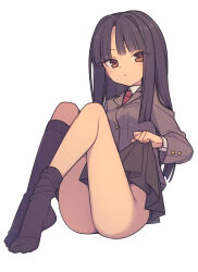Rule 34 | 1girl, black skirt, black socks, blazer, blunt bangs, breast pocket, brown eyes, brown jacket, clothes lift, collared shirt, commentary, dress shirt, everyntrge, expressionless, feet, full body, highres, jacket, kneehighs, knees up, legs, lifting own clothes, light blush, long hair, long sleeves, looking at viewer, necktie, no panties, no shoes, original, pleated skirt, pocket, purple hair, red necktie, school uniform, shirt, sidelocks, simple background, skirt, skirt lift, socks, solo, white background, white shirt