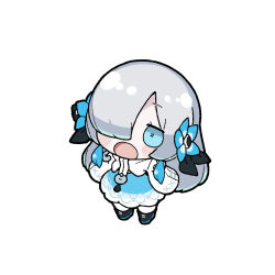 Rule 34 | 1girl, akichi 360, black footwear, blue dress, blue eyes, blue hair, blush stickers, boots, chibi, dress, flower, from above, grey hair, hair flower, hair ornament, hair over one eye, highres, isekai joucho, kamitsubaki studio, long hair, looking at viewer, multicolored hair, open mouth, simple background, solo, two-tone dress, two-tone hair, virtual youtuber, white background, white dress