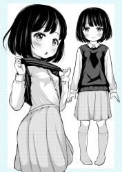 Rule 34 | 1girl, :o, between breasts, black hair, blush, border, breasts, female focus, full body, himeno mikan (mikan-batake), lifted by self, looking at viewer, monochrome, original, outside border, pleated skirt, shirt tucked in, skirt, small breasts, smile, socks, solo, spot color, strap between breasts, sweater vest, sweater vest lift