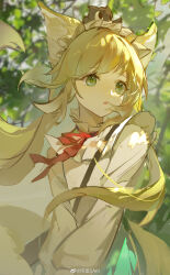 Rule 34 | 1girl, :o, absurdres, animal ear fluff, animal ears, arknights, blonde hair, blurry, blurry background, branch, chinese commentary, collared shirt, commentary request, creature on head, floating hair, fox ears, fox girl, green eyes, hairband, highres, leaf, long hair, looking afar, luo xiaohei, neckerchief, official alternate costume, open mouth, red neckerchief, shenheqing, shirt, suzuran (arknights), suzuran (spring praise) (arknights), luo xiaohei zhanji, v arms, weibo logo, weibo watermark, white hairband, white shirt