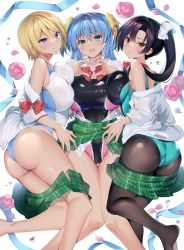 Rule 34 | 3girls, aqua eyes, ass, black hair, black one-piece swimsuit, blonde hair, blue hair, blush, breasts, brown eyes, clothes pull, collared shirt, commentary request, competition swimsuit, flower, green skirt, hair between eyes, hair ribbon, heart, heart hands, highres, large breasts, long hair, looking at viewer, multiple girls, one-piece swimsuit, original, pantyhose, pantyhose under swimsuit, parted lips, plaid, plaid skirt, pleated skirt, purple eyes, ribbon, rose, sanshoku amido, school uniform, shirt, short hair, side ponytail, simple background, skirt, skirt pull, smile, swimsuit, thighs, white background, white one-piece swimsuit, white shirt