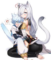 Rule 34 | !?, 1boy, 1girl, absurdres, animal ears, aunt and nephew, bare shoulders, barefoot, black bodysuit, black hair, blue eyes, blush, bodysuit, braid, breasts, cat ears, cat tail, chongyun (genshin impact), fang, feet, fingerless gloves, genshin impact, gloves, hair between eyes, hair over one eye, highres, hip vent, hug, large breasts, looking at viewer, low-braided long hair, low-tied long hair, mimit 4, open mouth, pants, ramure, shenhe (genshin impact), short sleeves, sweatdrop, tail, toeless legwear, toes, white background, white hair