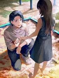 Rule 34 | 1boy, 1girl, absurdres, age difference, bags under eyes, child, dress, hair between eyes, highres, jacket, jewelry, jujutsu kaisen, kneeling, kyuuba melo, long hair, long sleeves, looking at another, no shoes, okkotsu yuuta, on one knee, orimoto rika, parted bangs, playground, putting ring on another&#039;s finger, ring, shoes, short hair, sleeveless, sleeveless dress, smile, wedding ring, white jacket