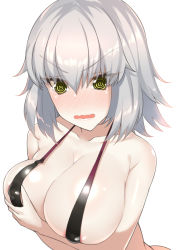Rule 34 | 1girl, @ @, areola slip, bare arms, bare shoulders, bikini, black bikini, blush, breast hold, breasts, cleavage, collarbone, commentary request, covered erect nipples, embarrassed, fate/grand order, fate (series), hair between eyes, hand up, jeanne d&#039;arc (fate), jeanne d&#039;arc alter (avenger) (fate), jeanne d&#039;arc alter (fate), large breasts, looking down, nose blush, open mouth, pale skin, shiny clothes, shiny skin, short hair, silver hair, simple background, slingshot swimsuit, solo, swimsuit, tsurime, upper body, watosu (watosu mama), wavy mouth, white background, yellow eyes