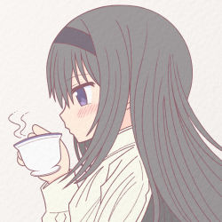 Rule 34 | 1girl, akemi homura, beige background, black hair, black hairband, blowing, blush, cup, female focus, from side, hair between eyes, hair ornament, hairband, holding, holding cup, long hair, long sleeves, looking to the side, mahou shoujo madoka magica, mahou shoujo madoka magica (anime), no vest, purple eyes, shirt, sidelocks, solo, steam, tea, teacup, upper body, very long hair, white shirt, yuno385