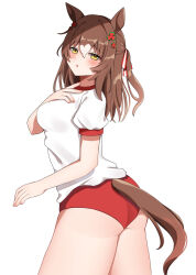 Rule 34 | 1girl, animal ears, ass, blush, breasts, brown hair, buruma, chestnut mouth, clothing cutout, clover hair ornament, commentary request, cowboy shot, fine motion (umamusume), hair between eyes, hair down, hair ornament, hand on own chest, highres, horse ears, horse girl, horse tail, kaoru (h8qm9), long hair, looking at viewer, medium breasts, multicolored hair, puffy short sleeves, puffy sleeves, red buruma, shirt, short sleeves, simple background, solo, streaked hair, tail, tail through clothes, umamusume, white background, white hair, white shirt, yellow eyes
