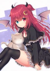 Rule 34 | 1girl, animal, black capelet, black dress, black thighhighs, blue eyes, brown wings, capelet, cat, closed mouth, commentary request, crescent, crescent hair ornament, demon girl, demon wings, dress, feet out of frame, frilled capelet, frilled dress, frills, hair between eyes, hair ornament, heterochromia, knees up, long hair, looking at viewer, nijisanji, petting, red eyes, red hair, sacraneco, sitting, solo, thighhighs, two side up, very long hair, virtual youtuber, wings, yuzuki roa