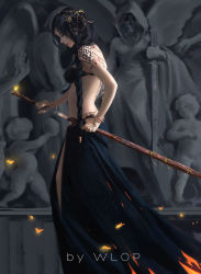 Rule 34 | 1girl, armlet, artist name, black bra, black dress, black hair, bra, braid, closed mouth, dress, fighting stance, fire, fire, from side, gem, hair over shoulder, highres, holding, holding sheath, holding sword, holding weapon, jewelry, lips, long hair, looking down, profile, sheath, single braid, solo, sparks, standing, statue, sword, underwear, unsheathing, very long hair, walking, weapon, wlop