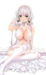 Rule 34 | 1girl, azur lane, bad id, bad pixiv id, blue eyes, blunt bangs, breasts, gloves, hand up, high heels, highres, illustrious (azur lane), illustrious (morning star of love and hope) (azur lane), large breasts, long hair, looking at viewer, low twintails, mole, mole under eye, navel, pumps, shoes, simple background, sitting, solo, temir, thighhighs, twintails, white background, white gloves, white hair, white thighhighs