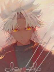 Rule 34 | 1boy, amakusa shirou (fate), black keys (type-moon), black shirt, blade, cape, commentary request, dark-skinned male, dark skin, earrings, fate/apocrypha, fate/grand order, fate (series), highres, holding, holding knife, jewelry, knife, red cape, saihate (d3), serious, shirt, white hair, yellow eyes