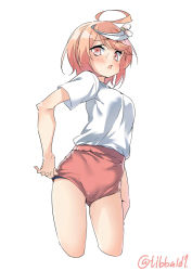 Rule 34 | 1girl, ahoge, alternate costume, blush, buruma, cameltoe, cowboy shot, cropped legs, ebifurya, gluteal fold, hair ornament, highres, i-58 (kancolle), kantai collection, looking at viewer, open mouth, pink eyes, pink hair, school swimsuit, short hair, short sleeves, simple background, solo, sweat, swimsuit, swimsuit under clothes, twitter username, white background