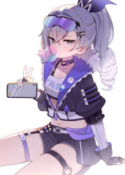 Rule 34 | 1girl, belt, black gloves, black jacket, black ribbon, black shorts, blue jacket, brown eyes, blowing bubbles, cellphone, chewing gum, commentary request, crop top, curly hair, eyewear on head, fingerless gloves, gloves, grey hair, hair ribbon, highres, holding, holding phone, honkai: star rail, honkai (series), jacket, midriff, multicolored clothes, multicolored jacket, navel, phone, ribbon, shirt, shorts, side ponytail, silver wolf (honkai: star rail), solo, thigh strap, v, white belt, white shirt, zenshin