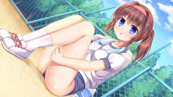 Rule 34 | 1girl, :o, black buruma, blue eyes, blue sky, bottle, brand name imitation, brown hair, brown hairband, buruma, chain-link fence, cloud, collarbone, commentary request, day, dutch angle, fence, fingernails, gym shirt, gym uniform, hair between eyes, hair intakes, hairband, hugging own legs, on ground, original, outdoors, parted lips, pocari sweat, puffy short sleeves, puffy sleeves, shirt, shoes, short sleeves, sitting, sky, socks, solo, towel, towel around neck, twintails, umitonakai, water bottle, white footwear, white shirt, white socks