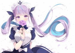 Rule 34 | 1girl, anchor, black ribbon, blue dress, blue hair, bow, braid, breasts, commentary, covered mouth, dress, english commentary, flower, hair ribbon, hand up, highres, holding, holding flower, hololive, long hair, maid headdress, minato aqua, minato aqua (1st costume), multicolored hair, petals, puffy short sleeves, puffy sleeves, purple eyes, purple flower, purple hair, ribbon, sasahara wakaba, short sleeves, simple background, small breasts, solo, twintails, twitter username, two-tone hair, very long hair, virtual youtuber, white background, white bow