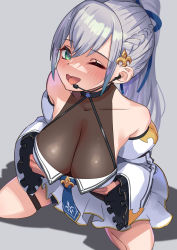Rule 34 | 1girl, absurdres, bare shoulders, blush, breasts, cleavage, green eyes, highres, hololive, idol, large breasts, long hair, looking at viewer, one eye closed, open mouth, otk, ponytail, see-through, shirogane noel, silver hair, sitting, smile, solo, virtual youtuber