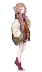 Rule 34 | 1girl, blonde hair, coat, contemporary, curly hair, female focus, full body, hands in pockets, highres, jacket, long hair, looking at viewer, open clothes, open jacket, orange eyes, padded coat, red footwear, red riding hood (sinoalice), shoes, simple background, sinoalice, sneakers, solo, unzipped, white background, yoggi (stretchmen)