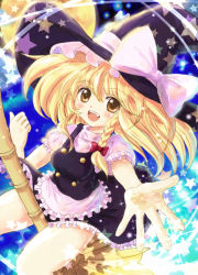 Rule 34 | 1girl, apron, blonde hair, blush, bow, braid, broom, daiso, female focus, hat, hat bow, kirisame marisa, long hair, open mouth, puffy sleeves, short sleeves, side braid, single braid, solo, star (symbol), touhou, witch hat, yellow eyes