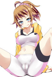Rule 34 | 10s, 1girl, arm support, bike shorts, blue eyes, blush, breasts, brown hair, collarbone, covered erect nipples, female pubic hair, gundam, gundam build fighters, gundam build fighters try, highres, hood, hoodie, hoshino fumina, licking lips, midriff, navel, nazo no murasame chiaki, off shoulder, ponytail, pubic hair, pussy, see-through, simple background, sitting, solo, sports bra, tongue, tongue out, two-tone sports bra, white background