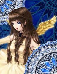 Rule 34 | 1girl, bird wings, black flower, black rose, blue eyes, braid, brown hair, cleavage cutout, clothing cutout, detached sleeves, dress, expressionless, feathered wings, flower, goth fashion, gothic lolita, kunishige keiichi, lipstick, lolita fashion, long hair, makeup, nocturne, nocturne (kunishige keiichi), original, red lips, rose, solo, turtleneck, wings, yellow dress, yellow wings