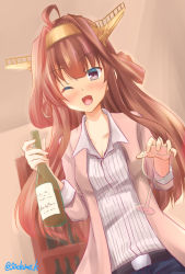 Rule 34 | 1girl, ;d, ahoge, alternate costume, belt, black belt, blush, bottle, brown hair, commentary request, cup, denim, double bun, drinking glass, hair bun, hairband, headgear, holding, holding bottle, holding cup, jacket, jeans, kamijou sadame, kantai collection, kongou (kancolle), long hair, looking at viewer, one-hour drawing challenge, one eye closed, open mouth, pants, pink jacket, shirt, smile, solo, striped clothes, striped shirt, twitter username, wine bottle, wine glass, wine rack
