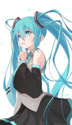 Rule 34 | 1girl, absurdres, bare shoulders, black skirt, black sleeves, blue eyes, blue hair, blue necktie, collared shirt, cowboy shot, detached sleeves, expressionless, eyes visible through hair, grey shirt, hair between eyes, hair ornament, hand up, hatsune miku, hayashiraisu, hayashirice, highres, long bangs, long hair, long sleeves, looking ahead, necktie, parted lips, pleated skirt, shirt, skirt, sleeveless, sleeveless shirt, solo, tie clip, twintails, very long hair, vocaloid, white background, wide sleeves