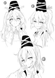 Rule 34 | 1girl, commentary request, greyscale, hair between eyes, hat, highres, long hair, long sleeves, looking at viewer, monochrome, mononobe no futo, multiple views, ponytail, ribbon-trimmed sleeves, ribbon trim, satobitob, simple background, sketch, smile, tate eboshi, touhou, upper body, white background, wide sleeves
