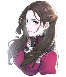 Rule 34 | 1girl, braid, breasts, brown hair, commentary request, cropped torso, da-cart, dorothea arnault, dress, earrings, fire emblem, fire emblem: three houses, fire emblem warriors, fire emblem warriors: three hopes, forehead, french braid, grey eyes, highres, jewelry, large breasts, long hair, nintendo, pink dress, puffy sleeves, simple background, solo, upper body, white background
